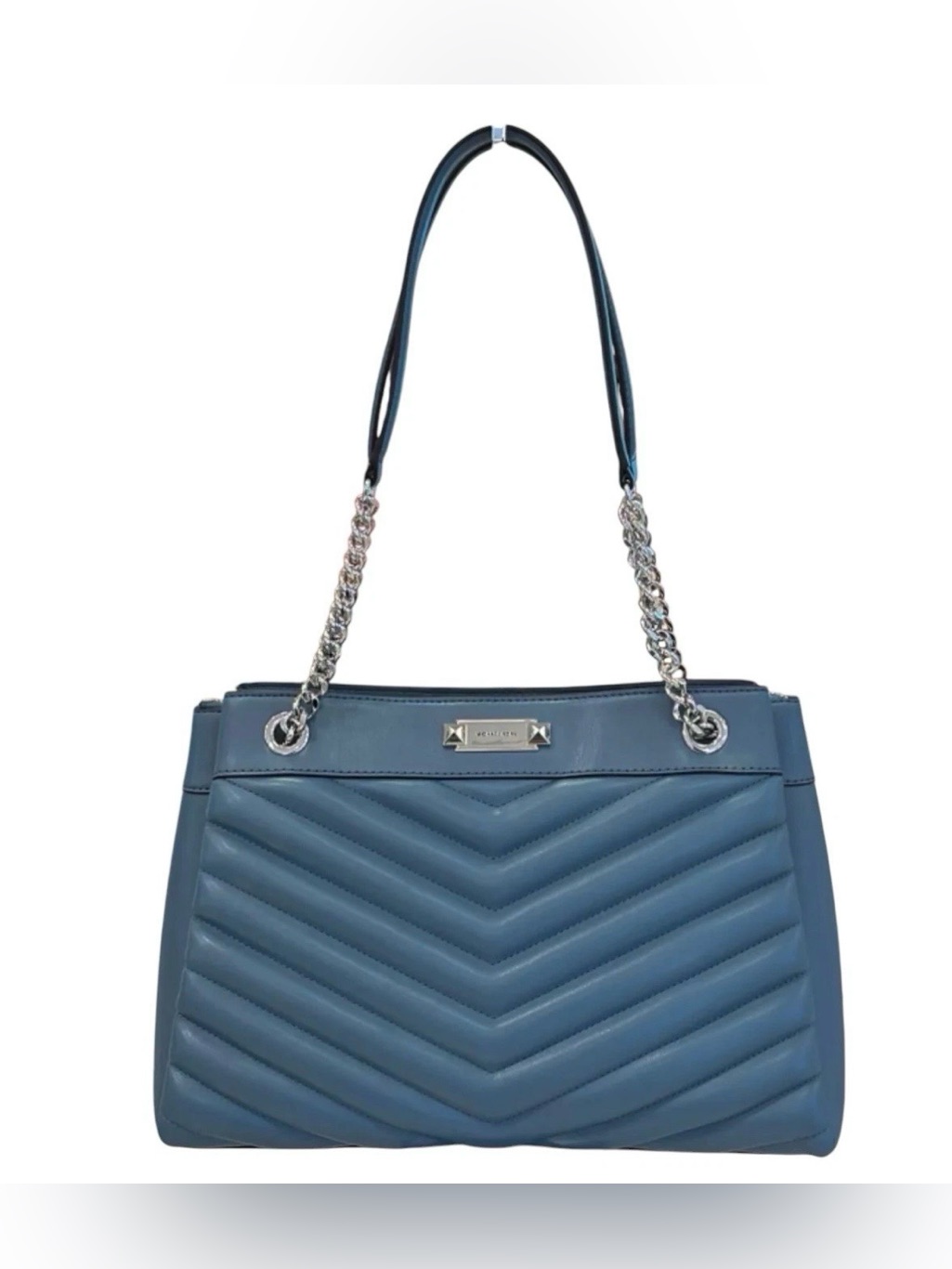 Michael Kors Whitney Medium Chain Shoulder Tote Bag Quilted Stripe Navy